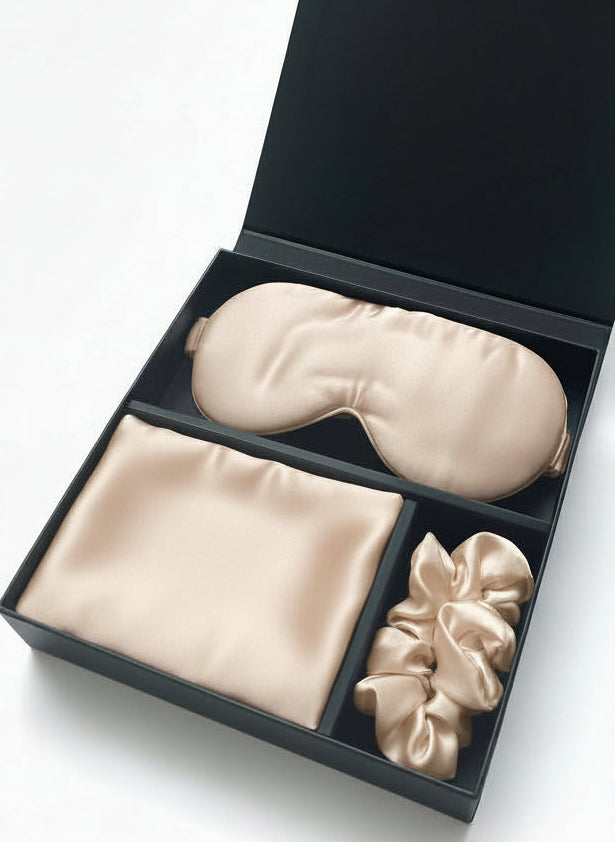 Šilko produktų rinkinys (pagalvės užvalkalas, kaukė, gumytė) - La Nuit - Šampaninis