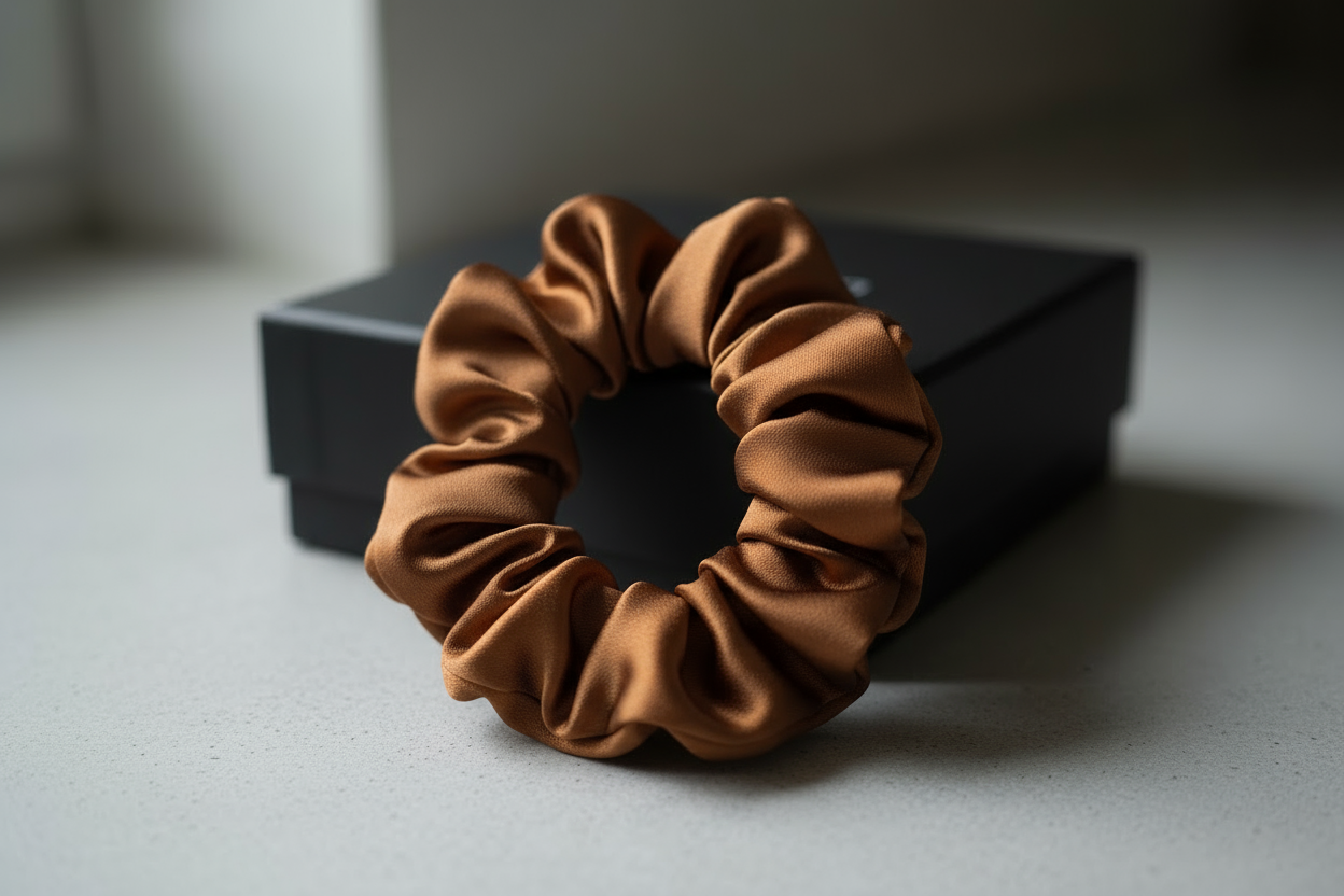 A luxurious pink silk hair band elegantly placed on a neutral light grey surface, with a closed black square box in the background, slightly out of focus. Soft natural lighting highlights the smooth, glossy silk texture, gentle folds, and premium quality. Minimalist composition, shallow depth of field, high-resolution product photography emphasizing the hair band.
