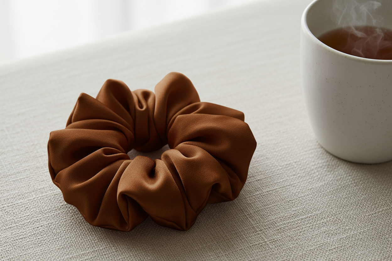 A detailed close-up, flat lay photograph of the luxurious pink silk hair band. It is artfully arranged on a textured cream-colored linen surface, next to a simple ceramic mug. The soft, natural lighting catches the delicate sculpted texture and opulent sheen of the 100% silk fabric. The focus is extremely sharp on the hair band, showcasing its high-quality craftsmanship and luxurious material.