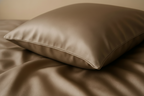 Close-up detail of a La Nuit Mulberry silk pillowcase in taupe, laid on matching bedding. The fabric’s texture and sheen are clearly visible, soft light gently highlighting the folds. Minimalist background in warm neutral tones, shallow depth of field, photorealistic, high-resolution.
