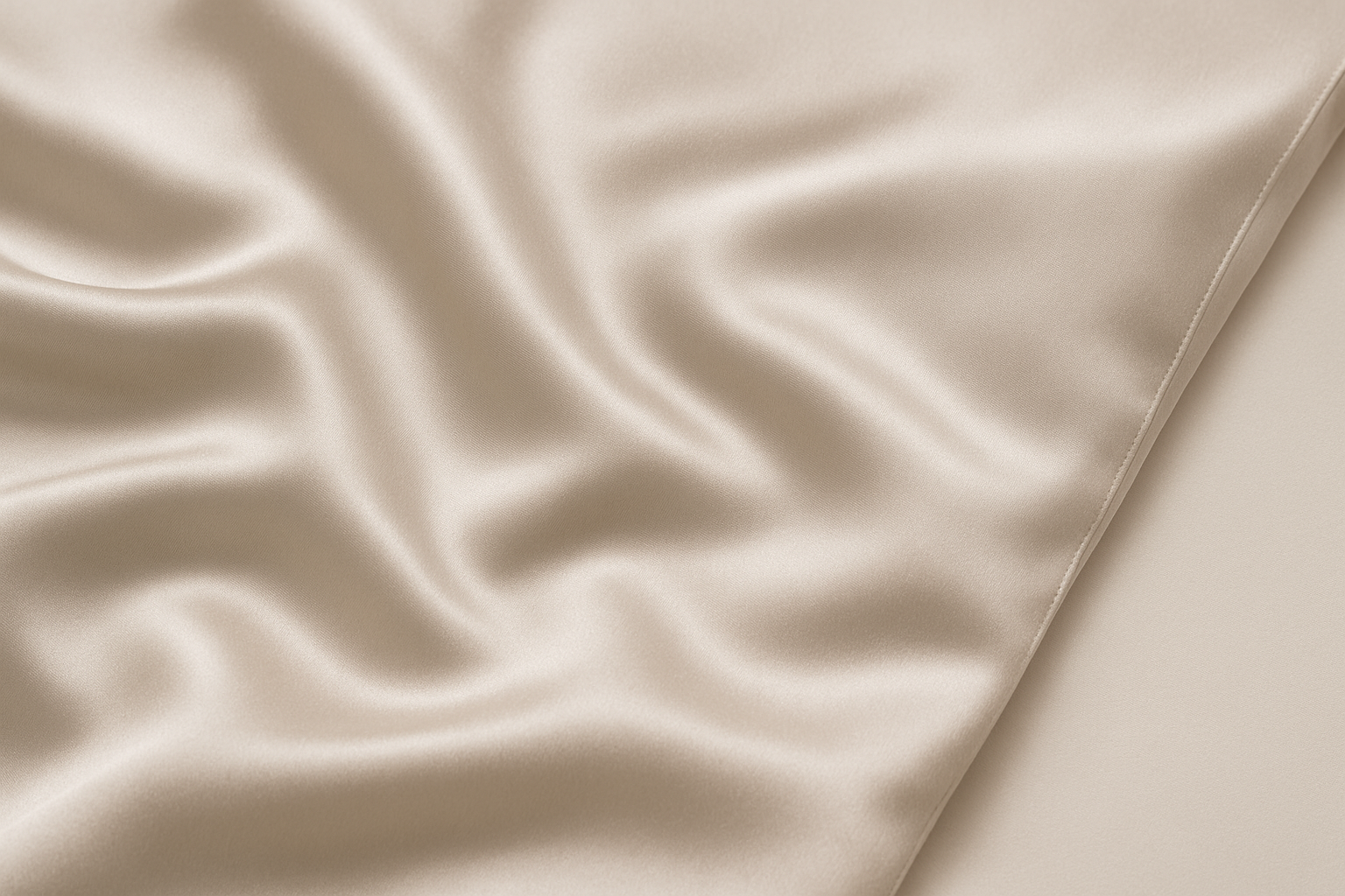 Close-up of high-grade 100% Mulberry silk pillowcase, highlighting the natural folds, smooth texture, and subtle sheen of the fabric, soft neutral lighting, photorealistic, high-resolution, professional e-commerce style
