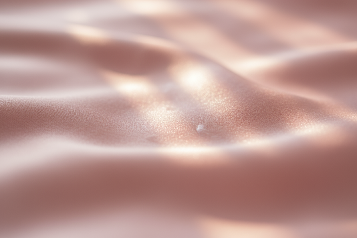 Extreme close-up of a pink silk sleep mask fabric surface, showing a smooth satin texture and light reflection. Soft, dreamy lighting, macro detail. Premium material emphasis.