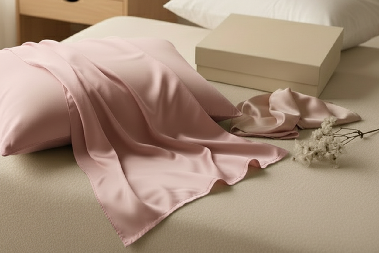 Šilko produktų rinkinys (pagalvės užvalkalas, kaukė, gumytė) - La Nuit - Rožinis
