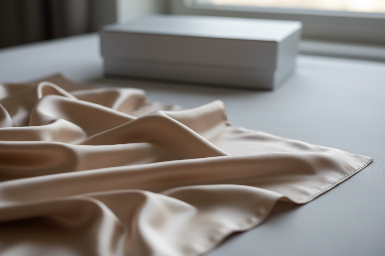 Close-up of a champagne silk pillowcase on a neutral light grey surface, showing smooth, glossy texture, soft folds, and premium silk quality. A closed black box is positioned in the background, slightly blurred. Soft, even natural lighting, minimalist composition, high-resolution product photography.
