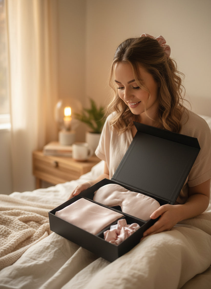 Šilko produktų rinkinys (pagalvės užvalkalas, kaukė, gumytė) - La Nuit - Rožinis