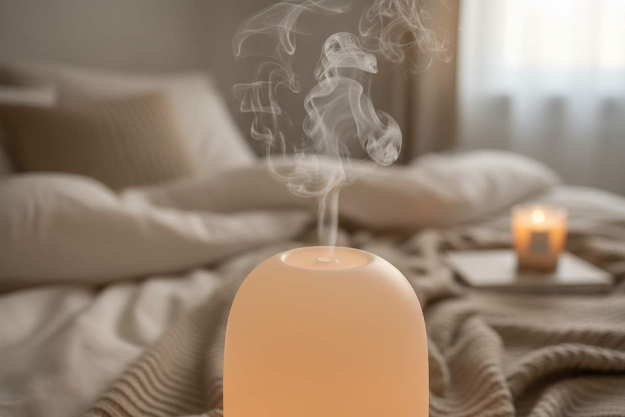 zoomed in aroma diffusor in a cosy bedroom